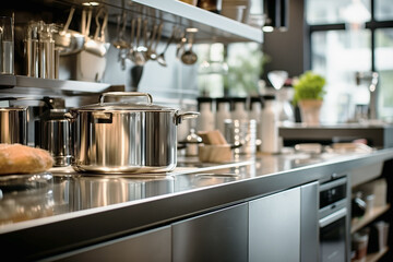 professional modern sleek kitchen in stainless steel in background of minimalist restaurant. Work concept of kitchen and cooking. - obrazy, fototapety, plakaty