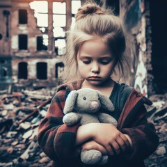 children hug their toys in the middle of a destroyed building. war background