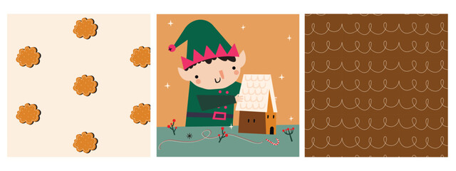 A set of print with a Cute Christmas Gnome, a baking Gingerbread House and seamless Patterns with Cookies and Springs. New Year and Christmas attributes vector flat illustration. Traditional winter ho