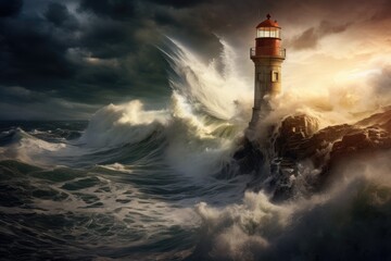 Lighthouse on a cliff during a storm - obrazy, fototapety, plakaty