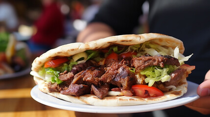 Kebab, pita, gyros, shaurma, wrap sandwich. Street food.