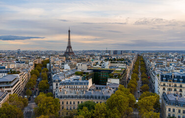 View of Paris from the top of the Arc De Triomphe, with the Eiffel tower