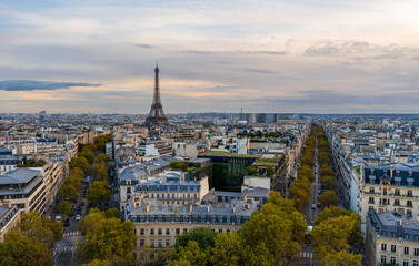 Fototapeta na wymiar View of Paris from the top of the Arc De Triomphe, with the Eiffel tower