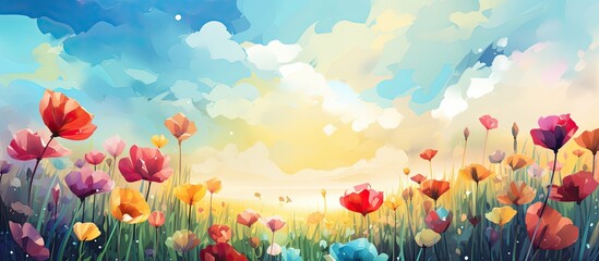 A colorful abstract design of flowers and nature elements set against a vibrant spring sun in the background creates a stunning poster promoting health and wellness in a garden surrounded by