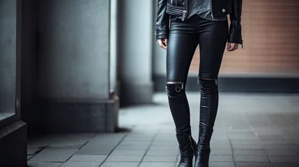 Deurstickers  a woman in black leather pants and a jacket standing on a sidewalk.  generative ai © Jevjenijs