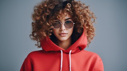 a woman with curly hair wearing a red hoodie and sunglasses.  generative ai - obrazy, fototapety, plakaty