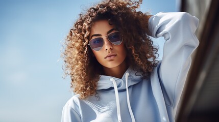  a woman with curly hair wearing sunglasses and a hoodie.  generative ai