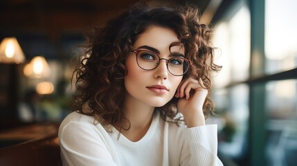  a woman wearing glasses sitting at a table in a restaurant.  generative ai - obrazy, fototapety, plakaty
