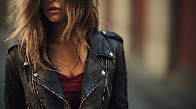  A Woman Wearing A Black Leather Jacket And A Red Top.  Generative Ai