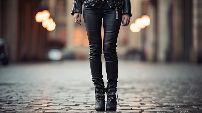  a woman in black leather pants and a jacket on a street.  generative ai