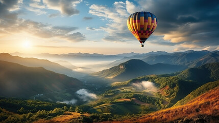 Fototapeta premium Colorful hot air balloons flying over mountain in Asia