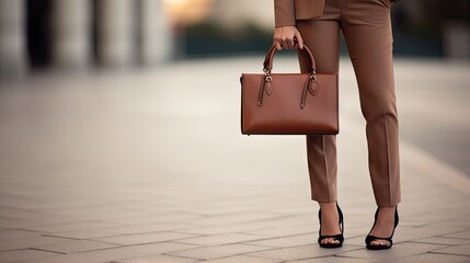  a woman holding a brown purse and a brown purse on a sidewalk.  generative ai