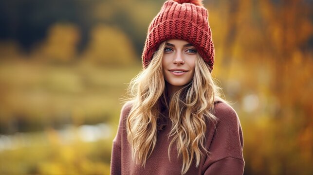  a woman with long blonde hair wearing a red knitted hat.  generative ai