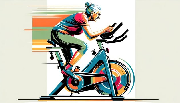 Modern illustration of an elderly woman in a spinning class, depicted with intense focus, abstract colors, and lively energy.
