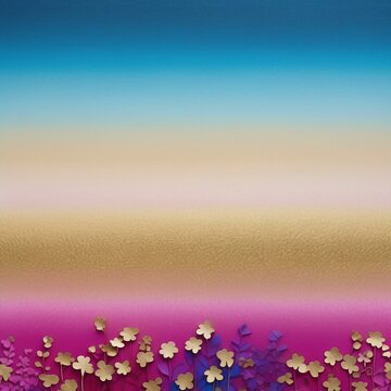 Enchanting Blue, Gold, Magenta Horizon: Gradient Background with Delicate Textural Accents and Tiny Paper Flowers
