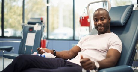 Black Man Donating Blood For People In Need In Bright Hospital. African Male Donor Squeezing fist To Pump Blood Through The Tubing Into The Bag. Donation for Children Battling Cancer. - obrazy, fototapety, plakaty
