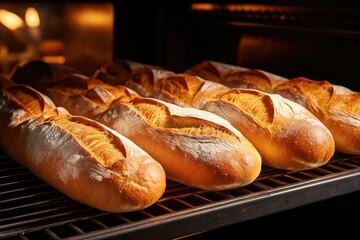  a bunch of loaves of bread sitting on a rack.  generative ai