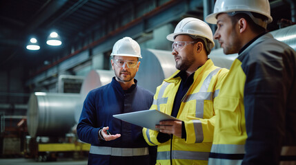 Three Heavy Industry Engineers Stand in Pipe Manufacturing Factory, Use Digital Tablet Computer, Have Discussion. Large Pipe Assembled. Design and Construction of Oil, Gas and Fuels Transport Pipeline - Powered by Adobe