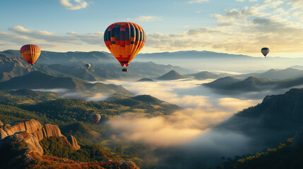 Obraz premium Colorful hot air balloons flying over mountain in Asia