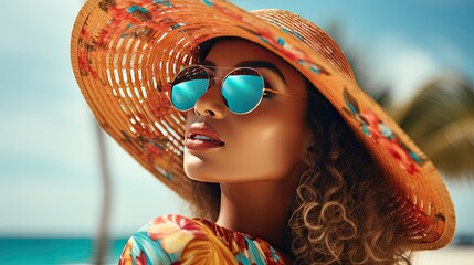  a mannequin wearing a hat and sunglasses on the beach.  generative ai - obrazy, fototapety, plakaty