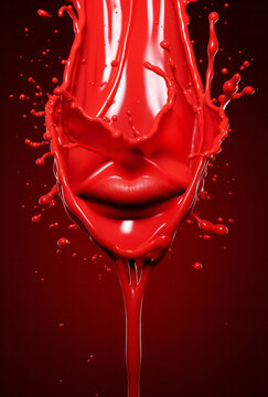 Red paint lipstick smudges drips from the face lips, lip gloss dripping from lips, red liquid drops on beautiful model girl's mouth, a concept of the beauty industry, Advertising photo. AI Generated