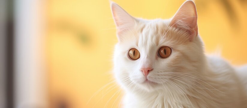 In the background of a beautifully isolated home I captured a portrait of a cute white cat with striking gold and orange hair its captivating eyes shining brightly in the camera truly a bea