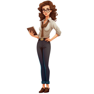 2D cartoon flat image of a female teacher with clothes suitable for teaching at school. Looks neat and enthusiastic.