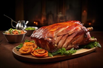  a large ham on a wooden platter with a side of vegetables.  generative ai