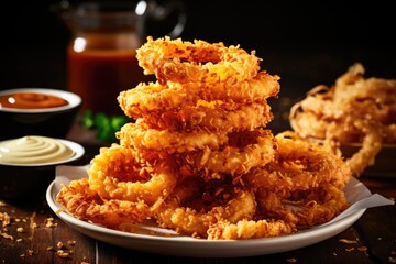  a stack of fried food sitting on top of a white plate.  generative ai