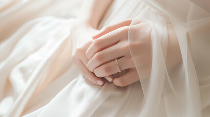 Wedding ring on woman finger, closed up hand - obrazy, fototapety, plakaty