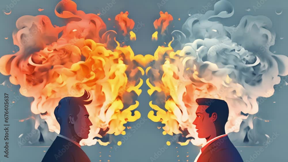Poster two characters engaging in a heated debate inside a characters mind, symbolizing an internal conflic