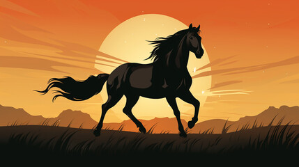 The silhouette of a horse on the background of a plain at sunset, illustration