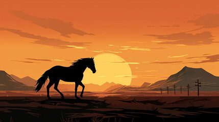 Fototapeta na wymiar The silhouette of a horse on the background of a plain at sunset, illustration