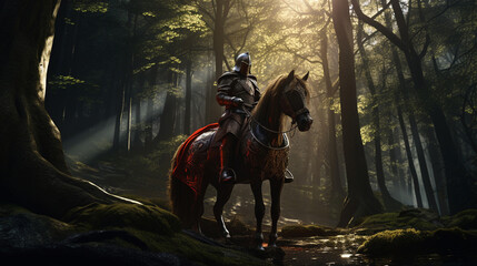 Naklejka premium A knight in armor on a horse in a forest
