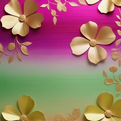 Floral Elegance: 3D Golden Paper Flowers Frame on a Green and Magenta Gradient Background