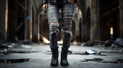  a woman in black boots and ripped jeans standing in a room.  generative ai