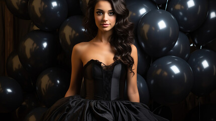 Obraz na płótnie Canvas Beautiful young woman in prom dress and with balloons on black background 