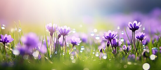 Obraz premium In the serene spring morning delicate purple flowers adorned the meadow reflecting their beauty in the crystal clear water droplets left by the morning dew creating a breathtaking scene in n