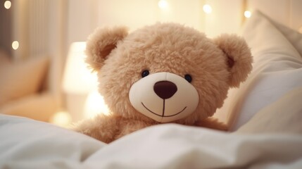 A teddy bear is sitting on a cozy bed