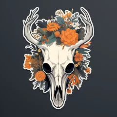 Tuinposter Deer skull with flowers. Mythic sticker illustration on black background. Psychedelic ethnic element. Mystical design for Halloween print, card, poster, decor © ratatosk