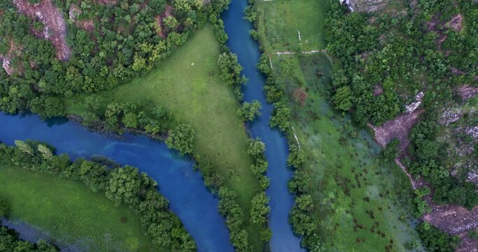 Aerial view of the confluence of  of the Krupa and Zrmanja Rivers and their canyons, Croatia