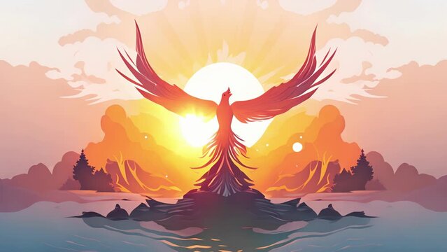A characters resilience is symbolized by a phoenix rising from the ashes, representing the ability to bounce back from adversity and overcome challenges. 2d animation