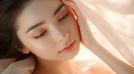 Naklejka premium Beautiful Asian Woman Posing for Facial Banner in a Romantic Soft Light Room, Beauty and Skincare Concept, Elegant and Glamorous Setting