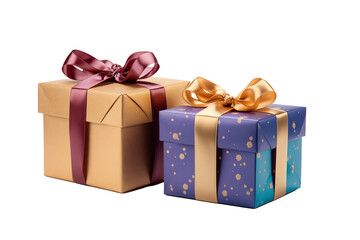 Two Gift boxes brown and purple for Christmas and New Year on transparent background PNG.