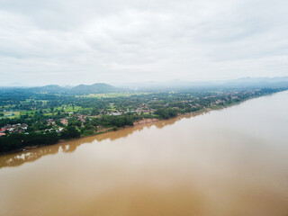 Aerial photography of the beautiful landscape along the Mekong River in Laos.opposite Chiang Khan District, Loei Province.THAILAND,