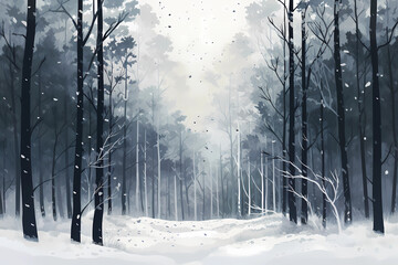 Fototapeta na wymiar tranquil snow-covered forest landscape with falling snowflakes in a white and grey theme