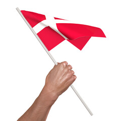 3d hand hold Denmark flag 3D render illustration, isolated on a white background