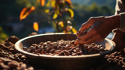 Close-up of a farmer who picks an Arabica coffee branch on a coffee plant in northern Thailand, coffee beans, a special word stem