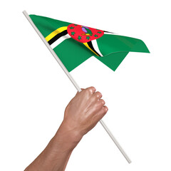 3d hand hold Dominica flag 3D render illustration, isolated on a white background