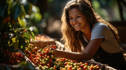Happy woman Asean hill after harvest arabica coffee berries in basket wood at garden - obrazy, fototapety, plakaty